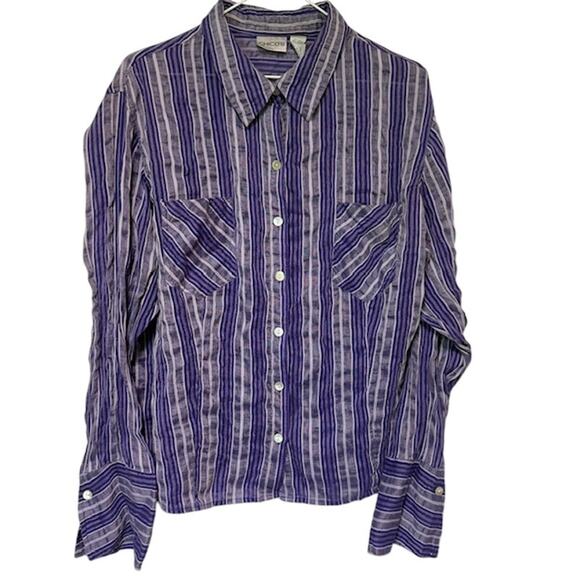 Chicos Womens Silk Linen Button Up Stripped Top XL Mature Office Career Business - Picture 1 of 11